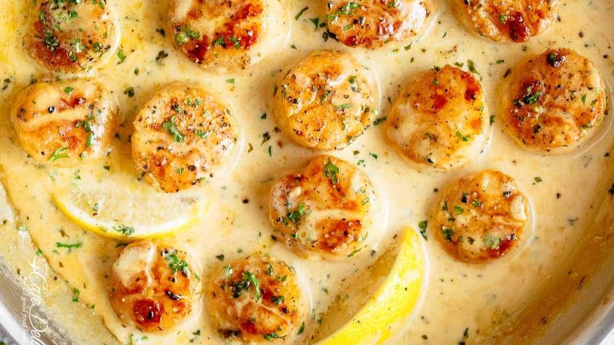 Scallops, a comfort food, cooked in a skillet with lemon wedges.