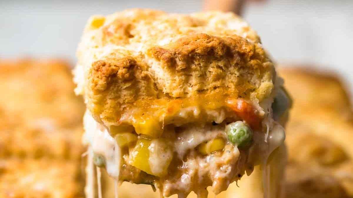 Cheesy pot pie with biscuit and cheese.