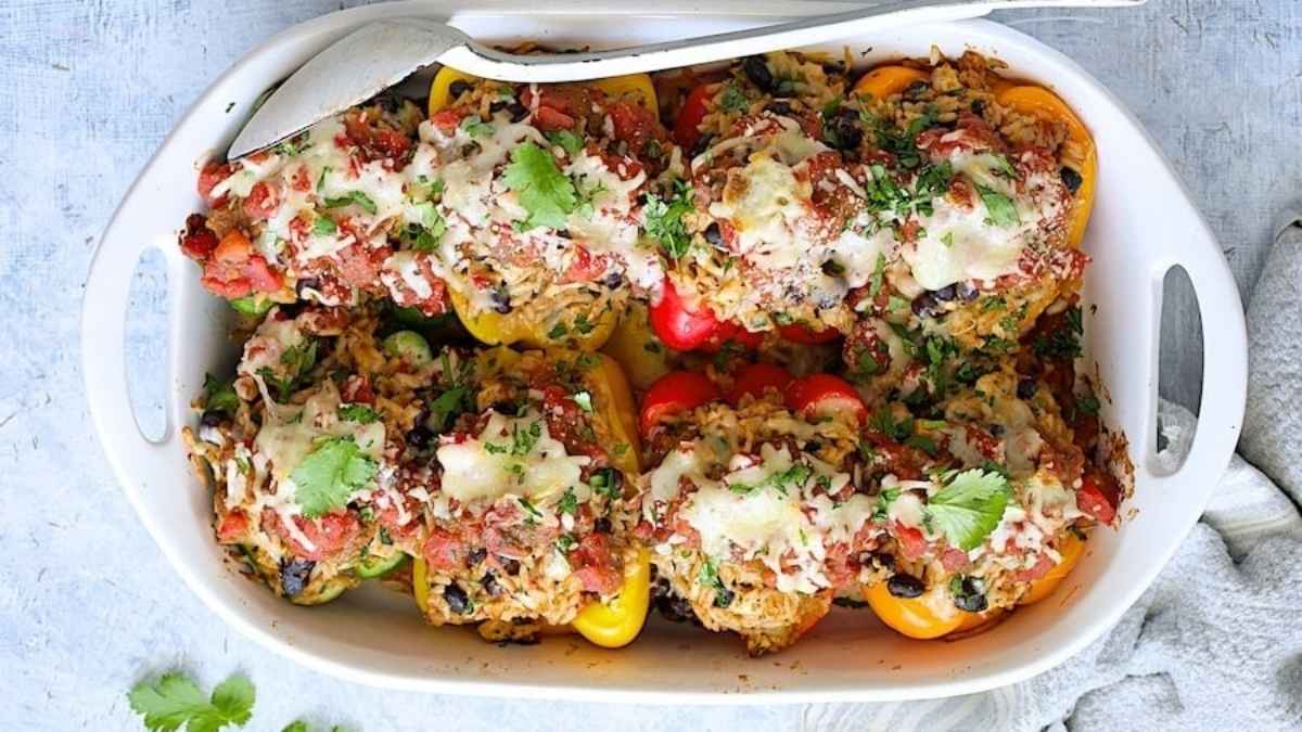 Chicken and spanish rice stuffed in peppers.