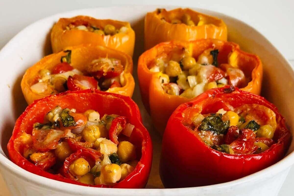 Vegetable loaded stuffed peppers with chickpeas and tomatoes.
