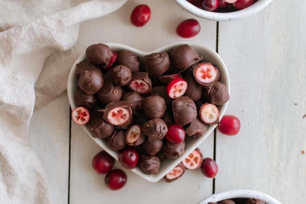 Cranberry snack in a heart shaped bowl.