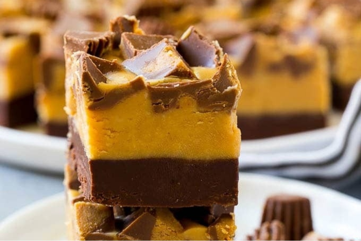 Christmas fudge recipes stacked on top of each other.