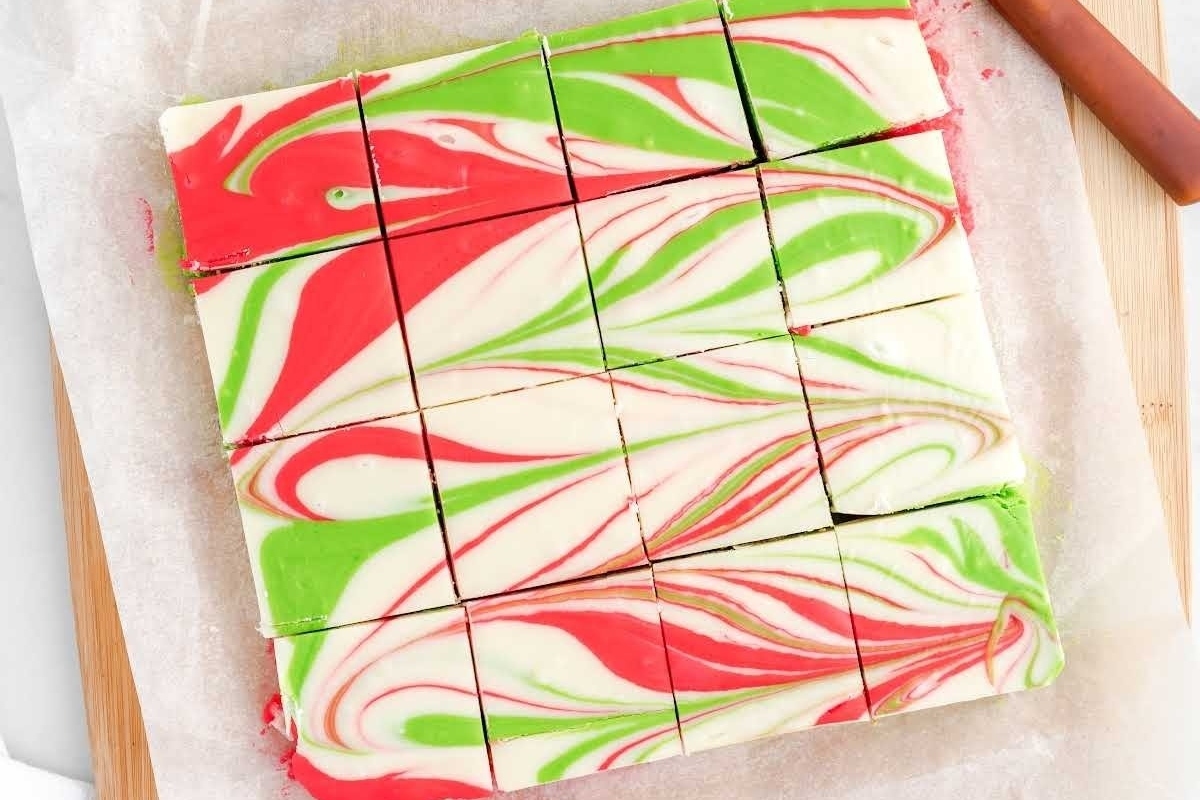 Christmas fudge swirls on a cutting board.