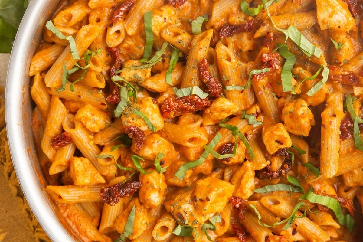 A delicious Chicken Basil Pasta Dish that can be prepared ahead of time.