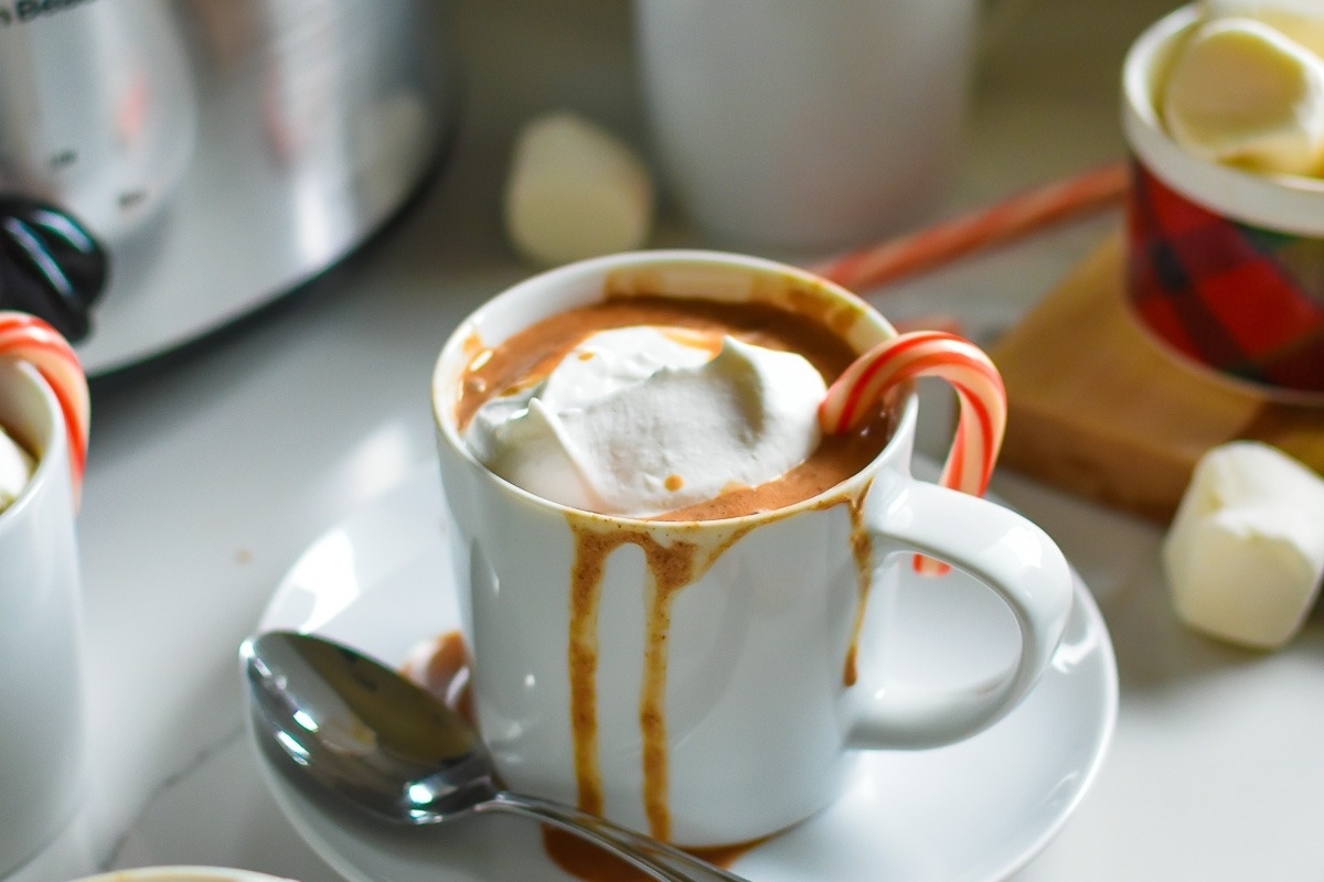 Enjoy a lusciously rich and indulgent cocoa experience by preparing it in a crock pot. This delightful treat is topped with fluffy whipped cream and garnished with candy canes, making it the