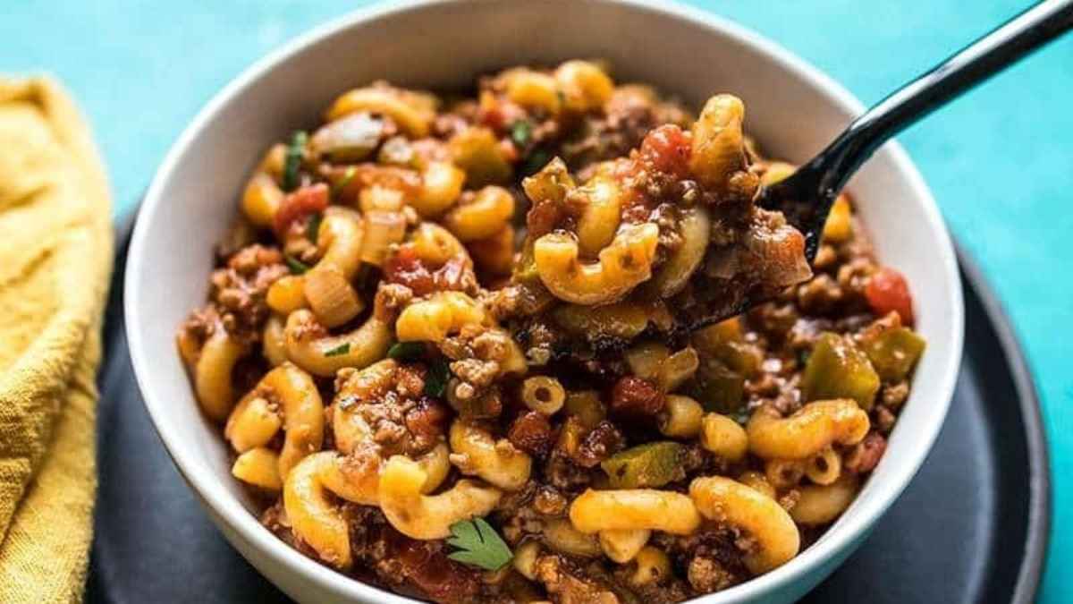 American goulash in a bowl.