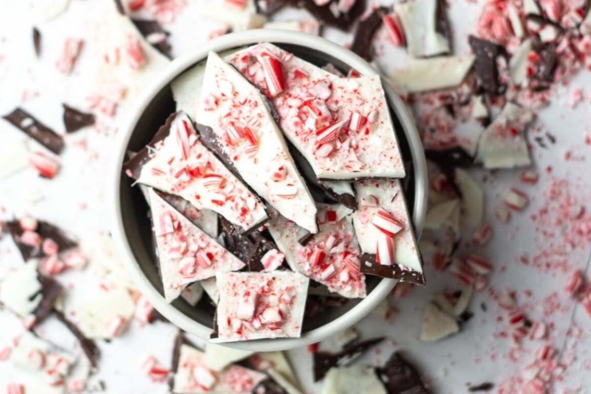 Peppermint bark recipes in a bowl on a white surface.