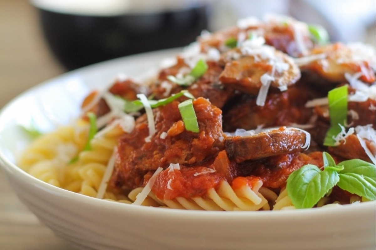 A make ahead Pasta Dish with sausage and tomato sauce.