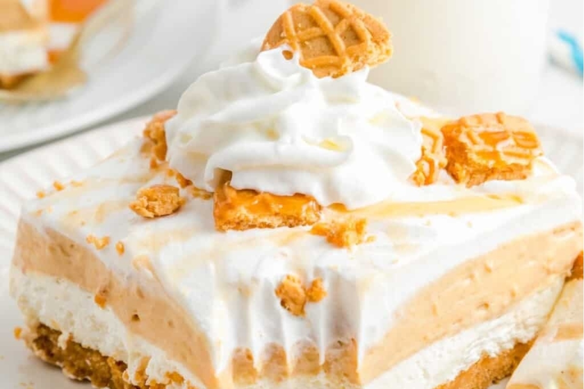 A dessert slice of peanut butter cheesecake on a plate.