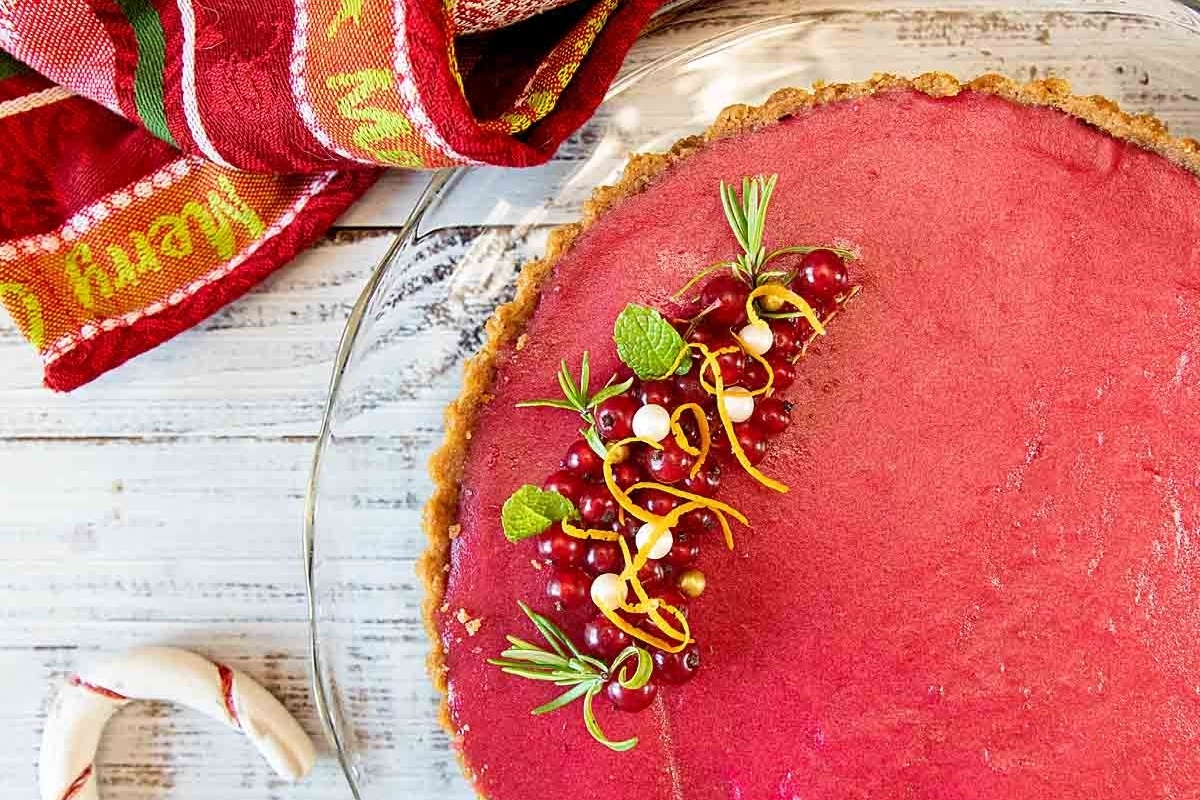A festive cranberry and candy cane tart recipe.