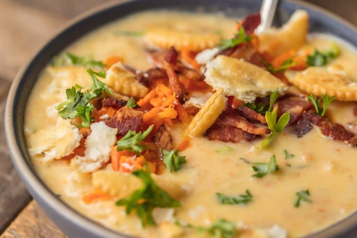 A savory potato soup with crispy bacon and tender carrots.