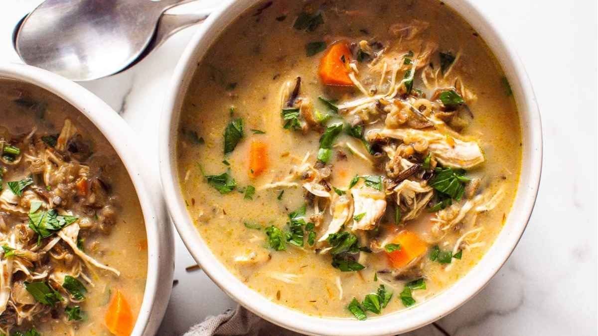 Chicken soup in a bowl.