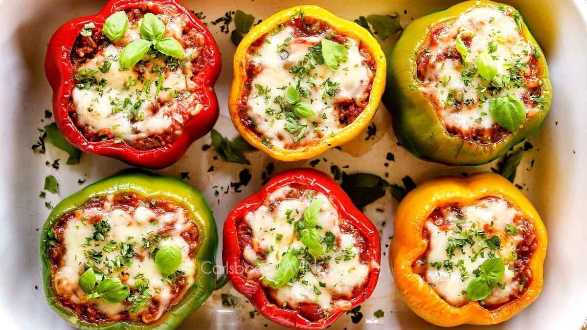 Stuffed peppers on a tray.