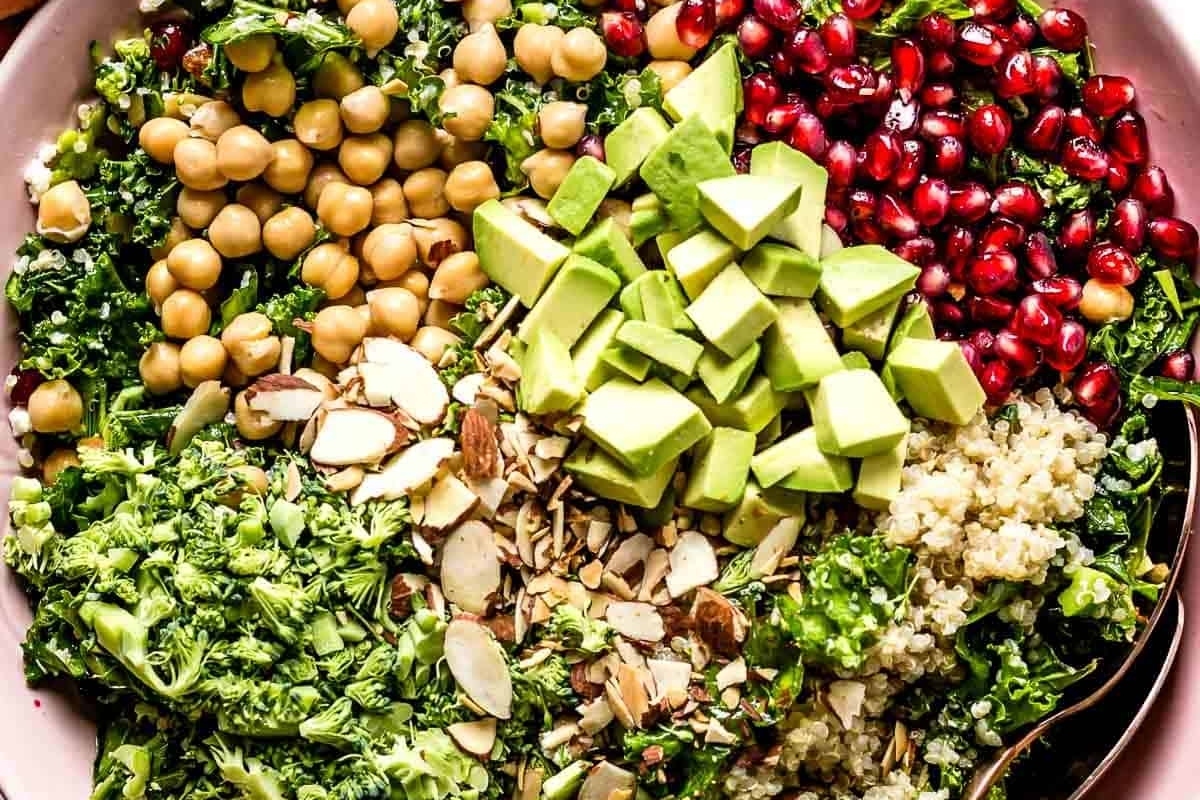 A hearty bowl of quinoa, chickpeas, cranberries, and pomegranate - perfect for main dish salads.