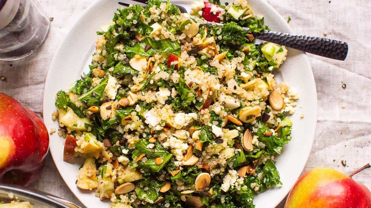 Kale and quinoa salad on a plate.