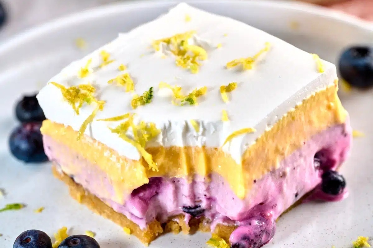 A slice of lemon blueberry ice cream cake, a delightful dessert.