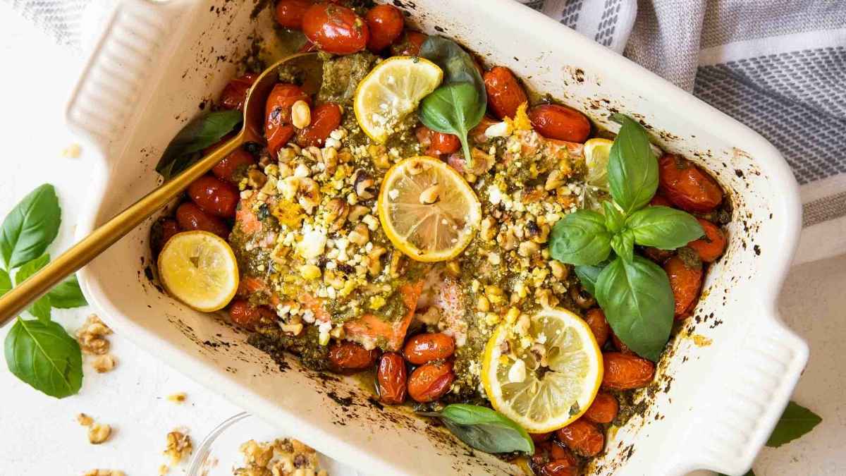 Lemon basil pesto salmon on a tray.
