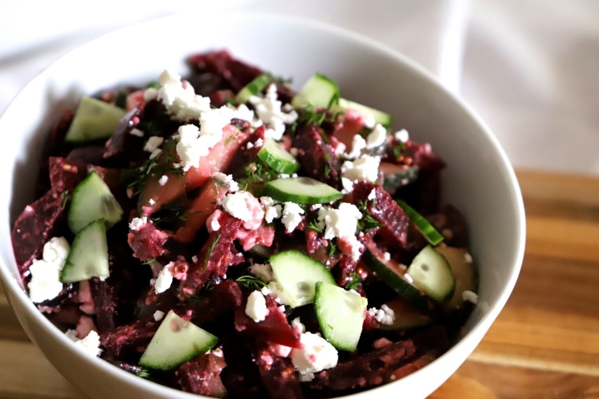 Beet salad with cucumber and feta is a delicious dish that combines the earthy flavors of beets with the cool and refreshing taste of cucumber. The addition of creamy feta cheese adds a tang