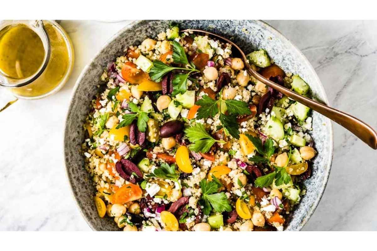 A healthy couscous salad packed with high protein vegetables, perfect for a nutritious lunch.