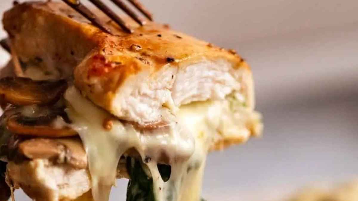 Mushroom stuffed chicken with cheese.