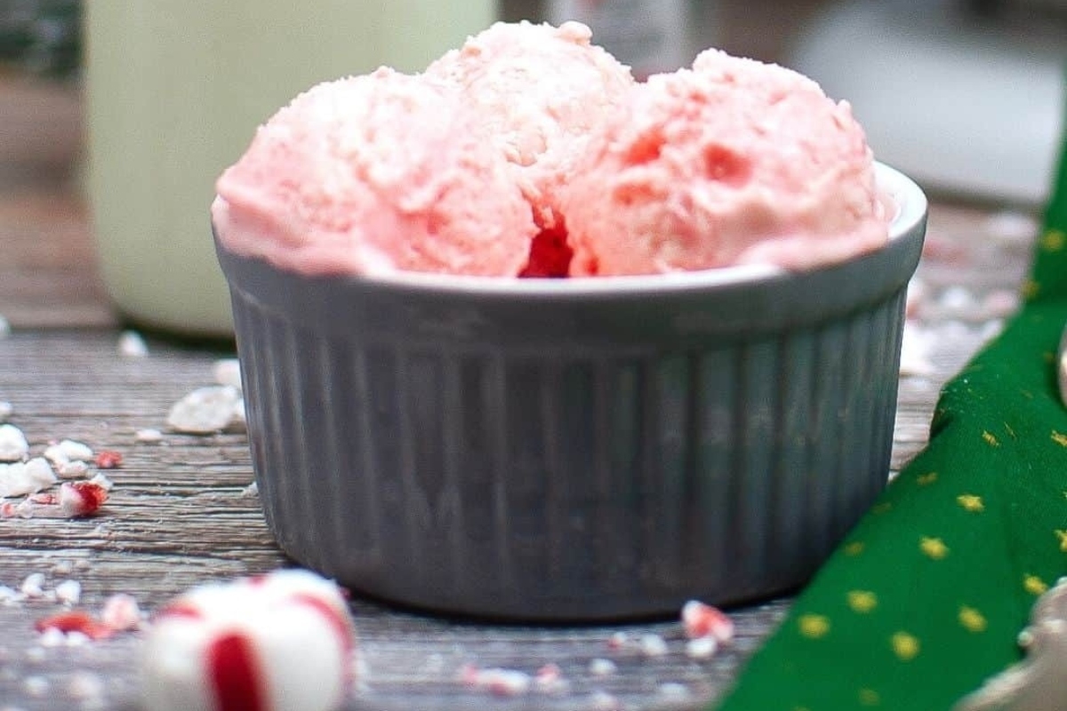 Peppermint ice cream in a bowl, topped with candy canes.