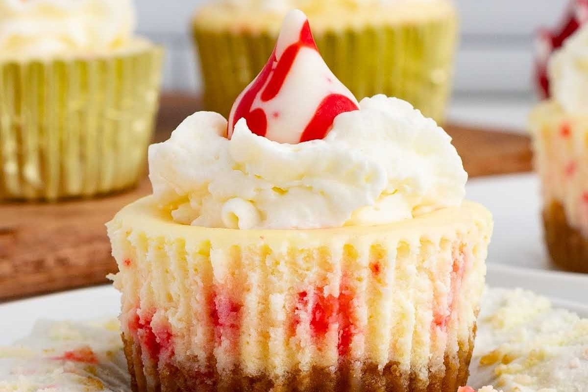 Red velvet peppermint cheesecake cupcakes with cream cheese frosting.