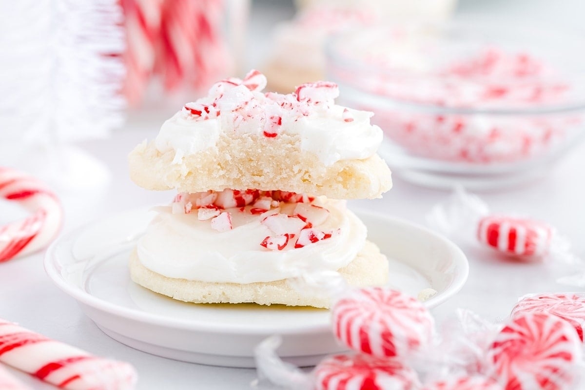 Peppermint candy cane cookies with whipped cream.