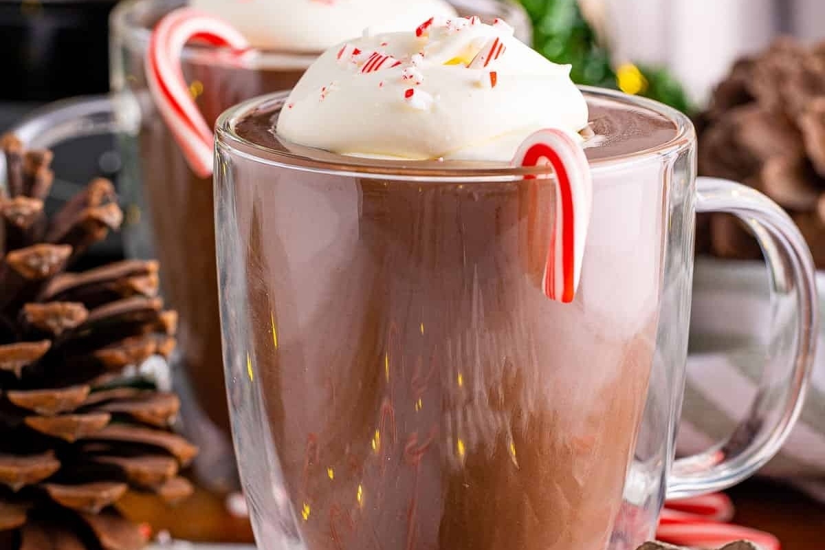         Two mugs of cocoa with whipped cream and candy canes.