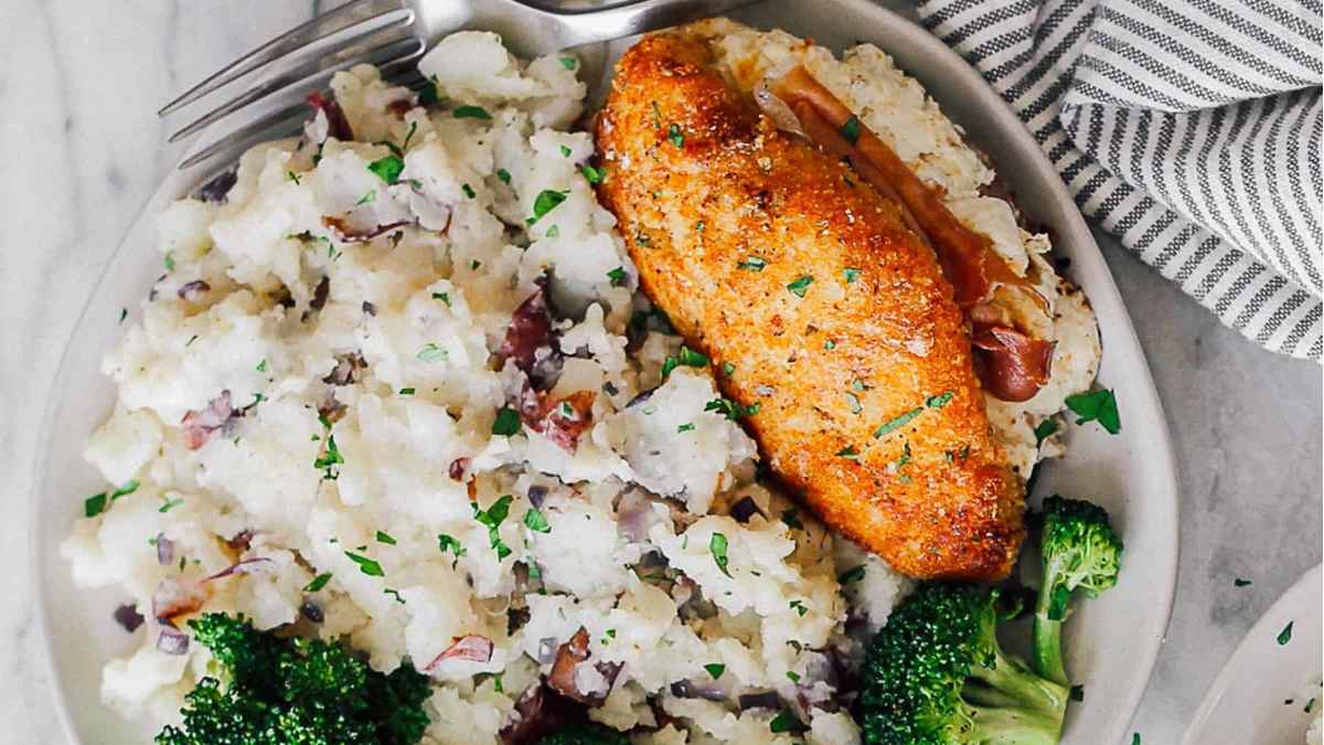 Prosciutto and cheese stuffed chicken.