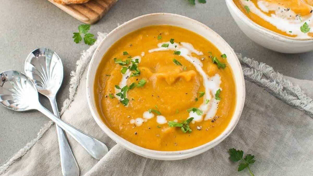 Pumpkin and sweet potato soup in a bowl.