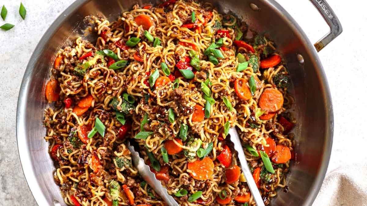 Ramen noodles in a pot.