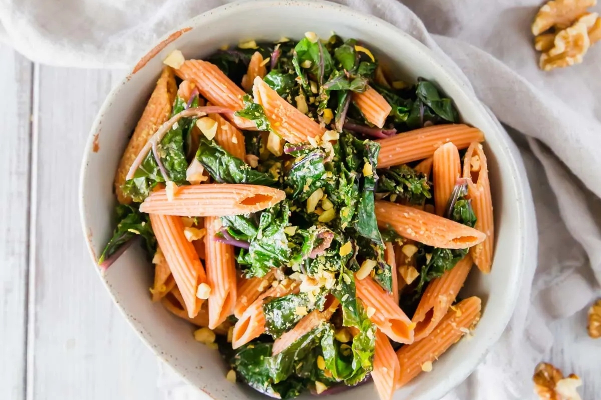 A make ahead pasta dish with spinach and walnuts.
