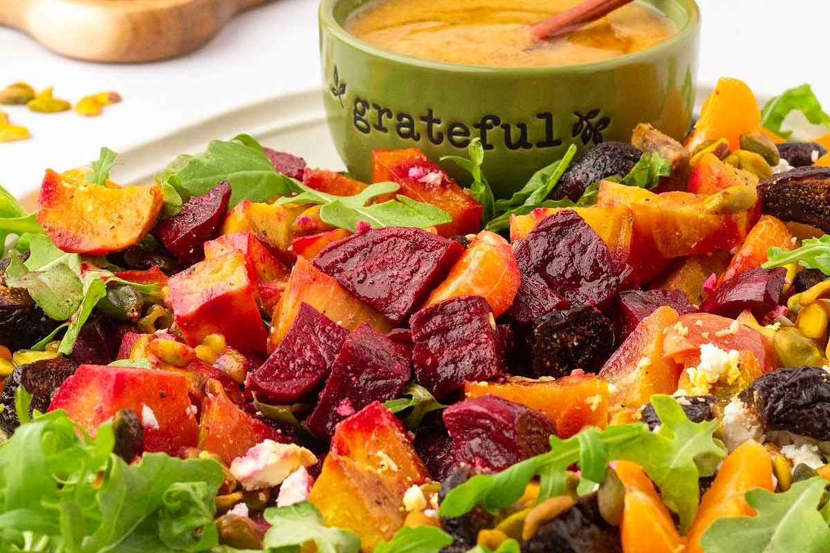 Festive Beet salad with pomegranate dressing, perfect for Christmas side dishes.