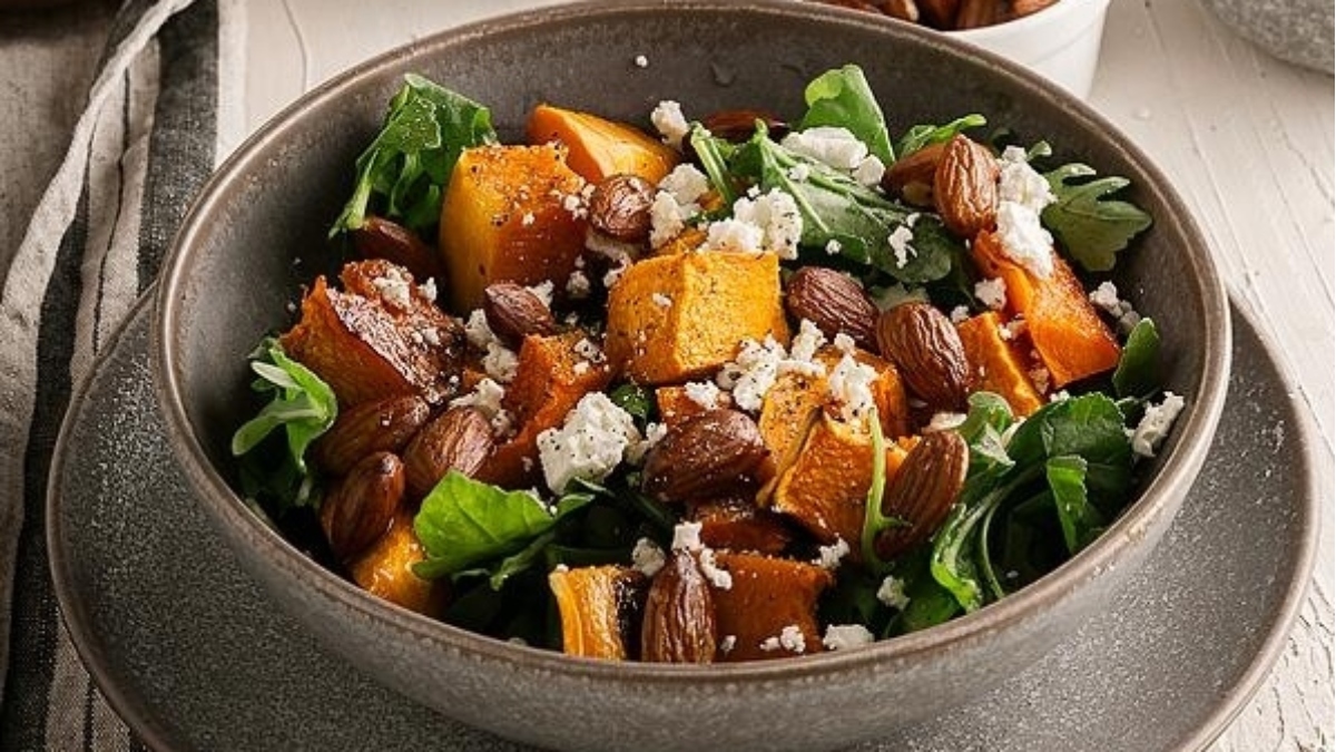 Pumpkin feta salad in a bowl.