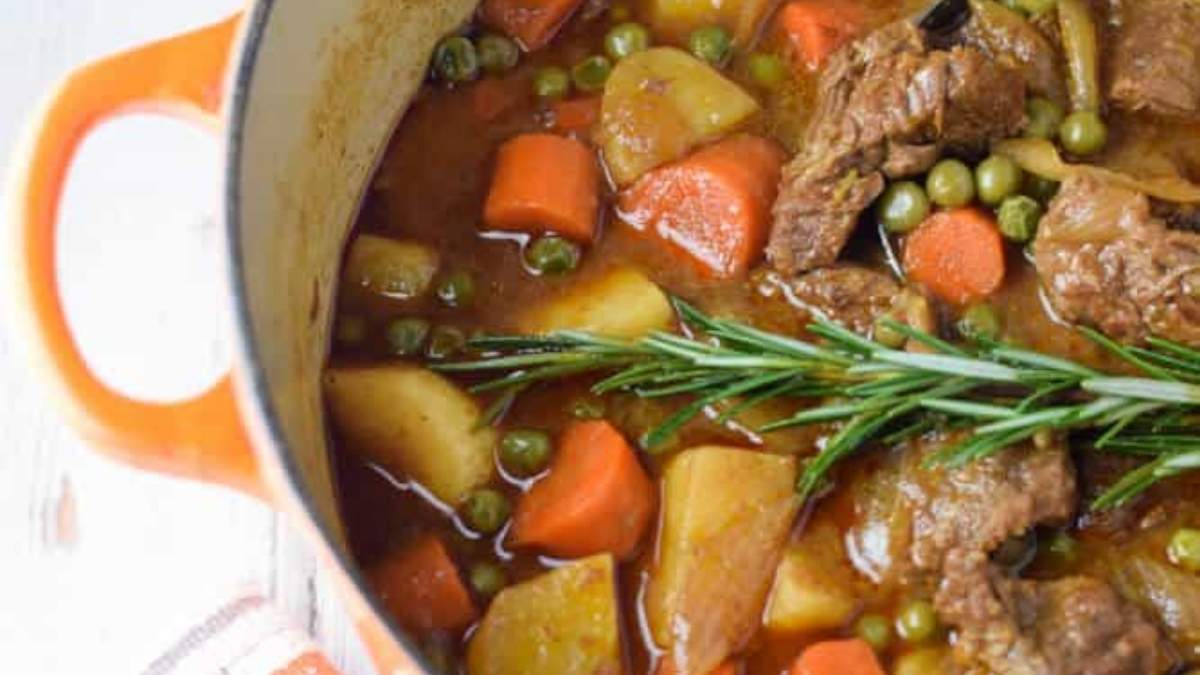 A shared round up of comforting beef stew, made with carrots, potatoes, and sprigs of rosemary.