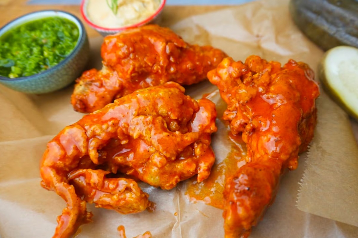 Bite-sized buffalo wings with sauce, perfect for Game Day.