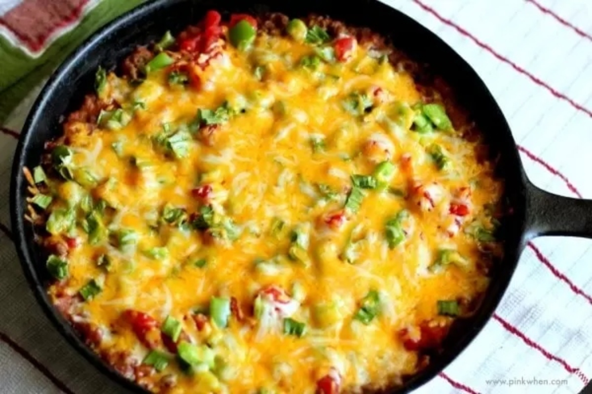 Beef breakfast casserole in a skillet.