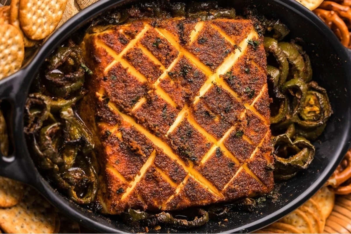 A black skillet with cheesy appetizers for Christmas.