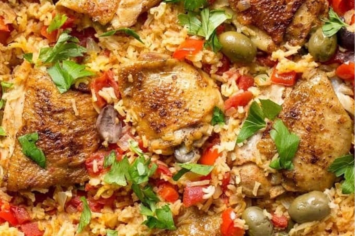 A winter dinner dish with chicken, rice and vegetables.