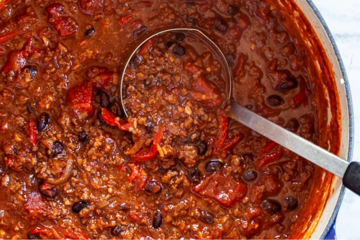 Chili Recipes in a pot with a spoon.
