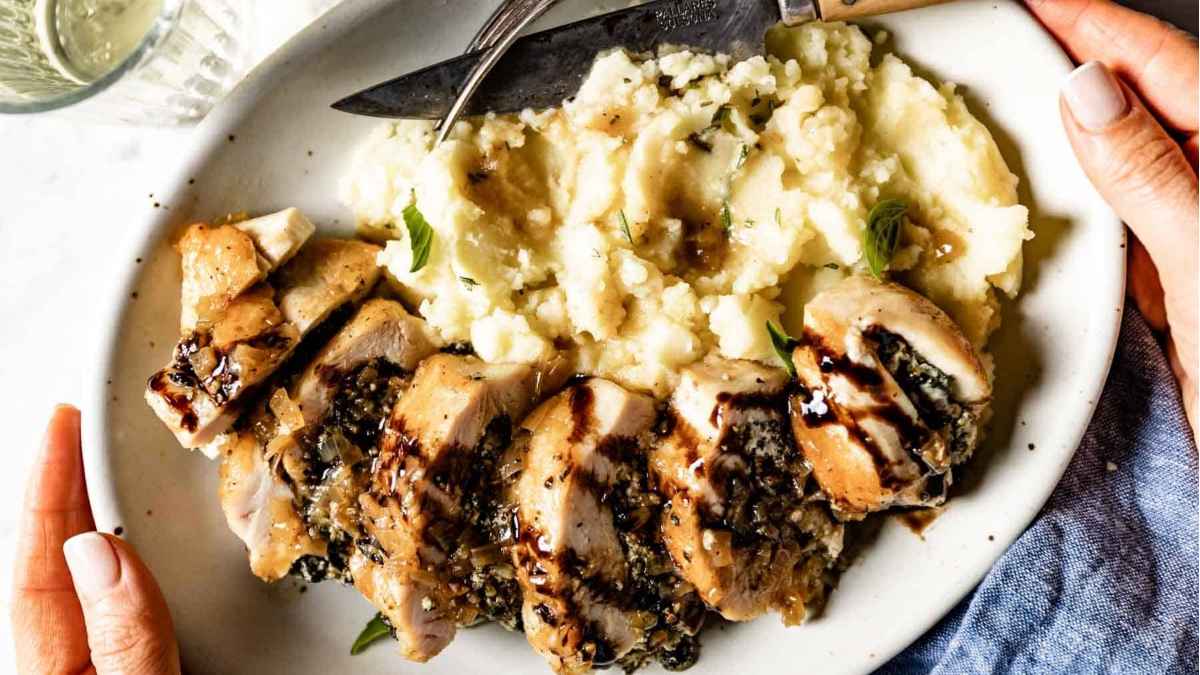 Spinach and goat cheese stuffed chicken breasts.