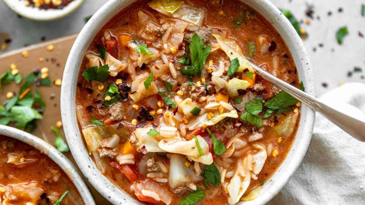 Cabbage soup in a bowl,