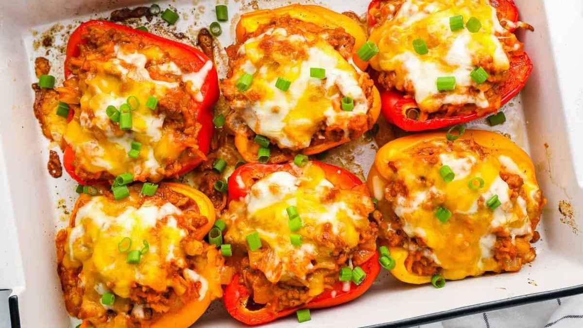 Stuffed peppers on a tray.