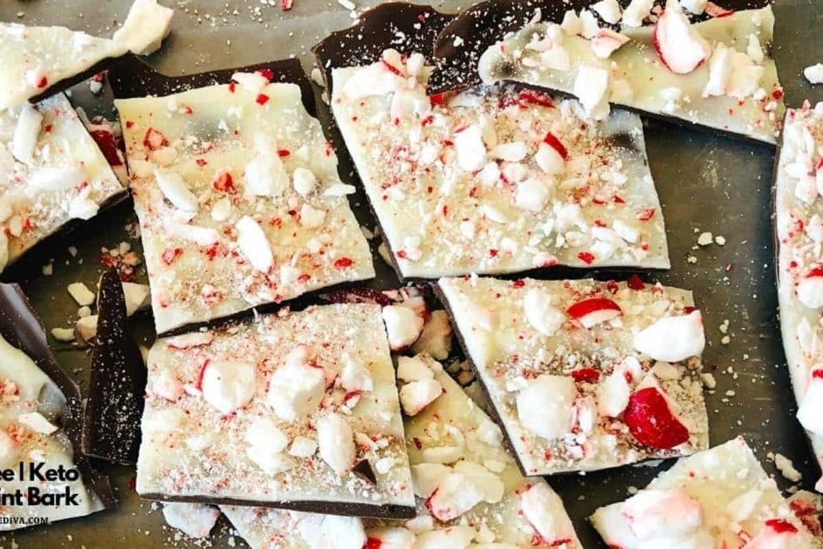 Peppermint bark, a popular treat made during the holiday season, is often prepared on a baking sheet. 

Keywords: peppermint bark, baking sheet.