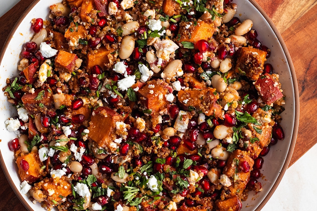 Loaded vegetable dinner: Sweet potato and pomegranate salad.