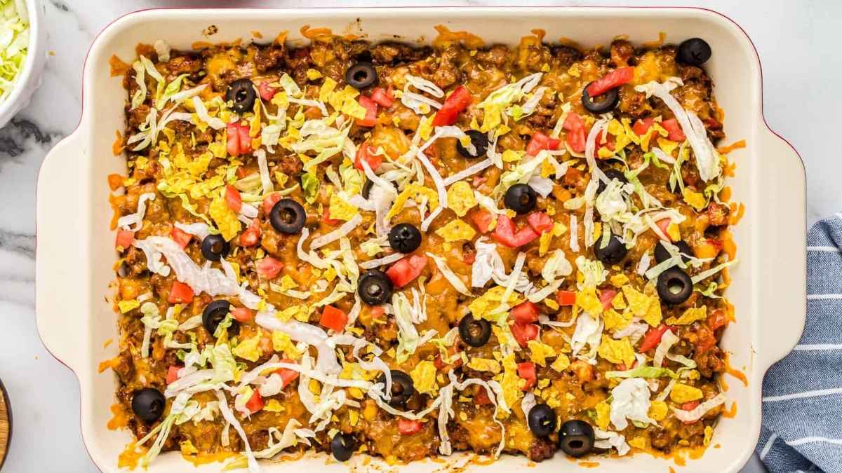 Taco casserole on a tray.