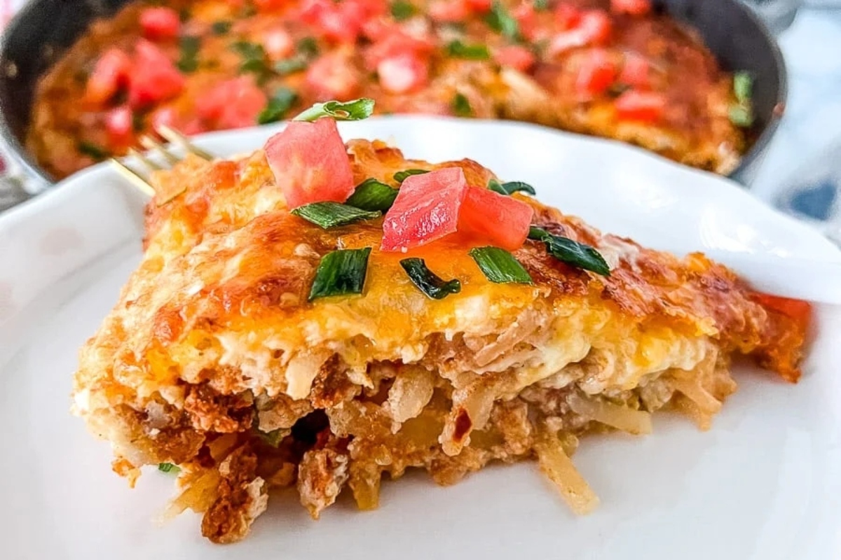 A high protein slice of healthy Mexican breakfast casserole on a plate.