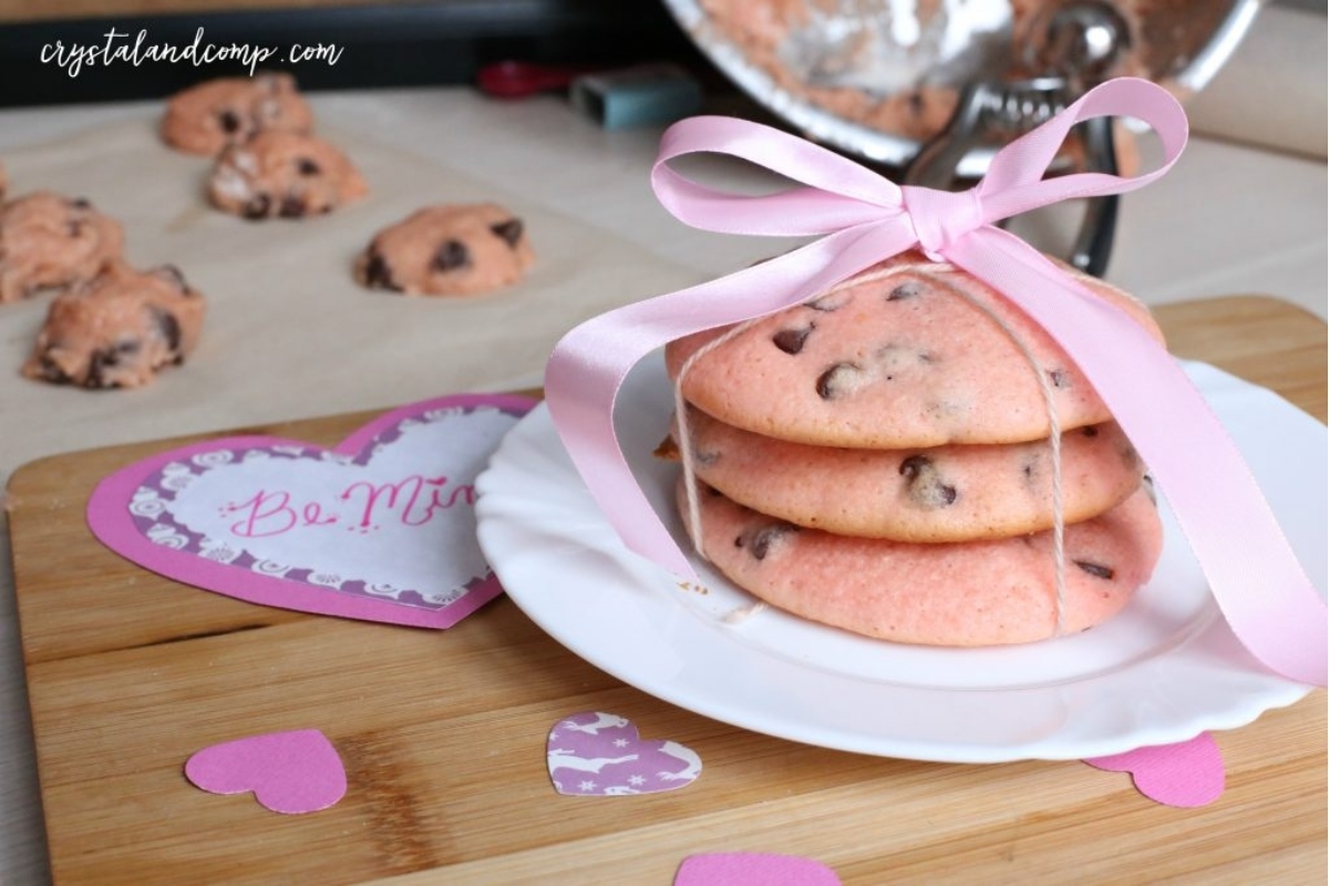 Valentine's Day cookies featuring chocolate chips.