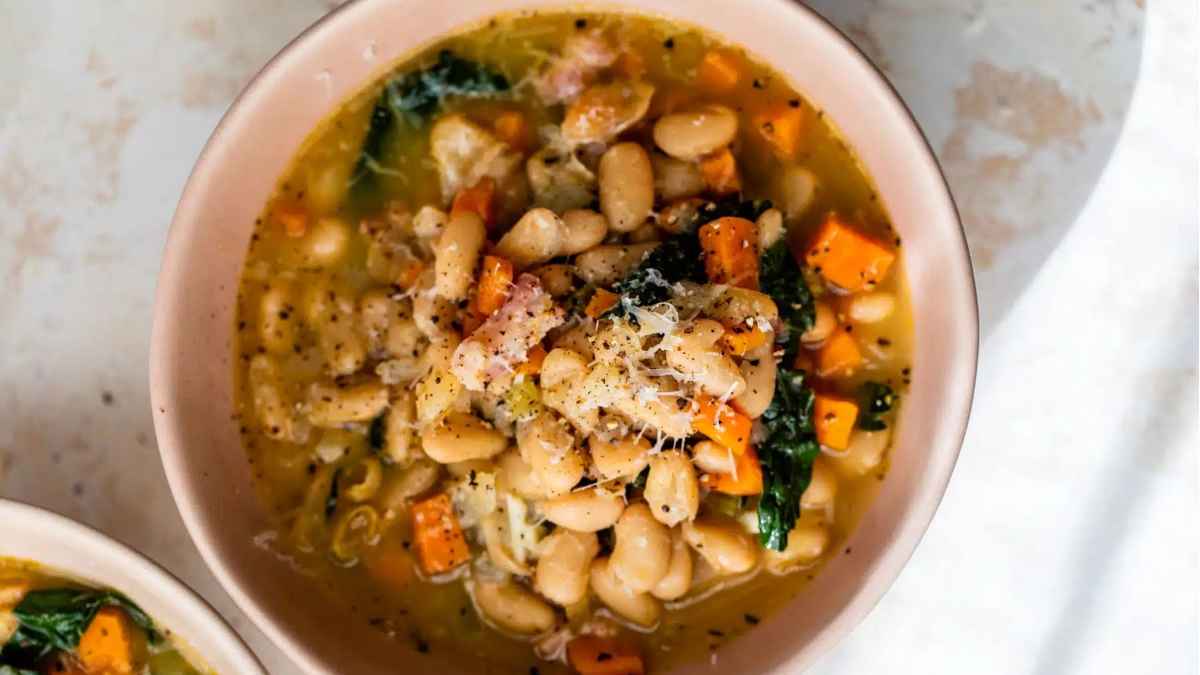 White bean soup in a bowl.