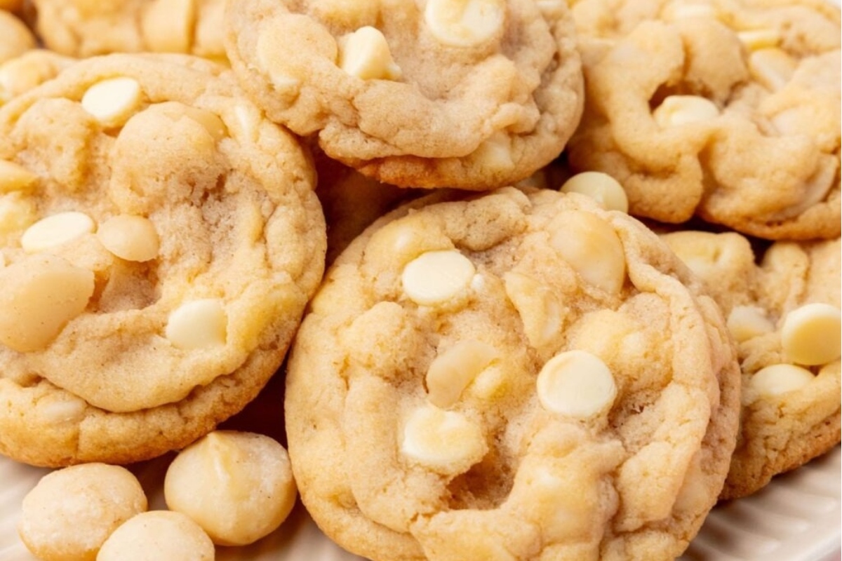 White chocolate chip cookies in a jar.